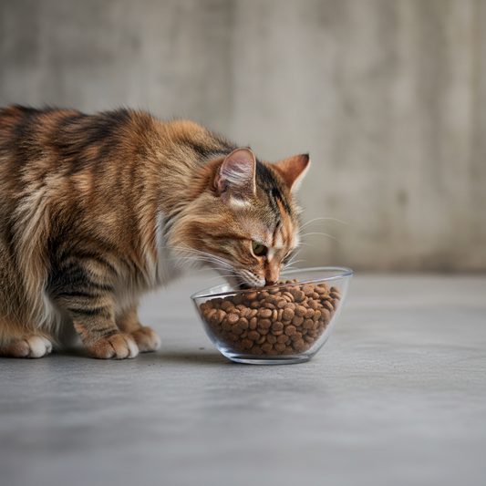 Adult cat eating Kit Cat Classic Cuisine Classic 32 dry cat food from a glass bowl