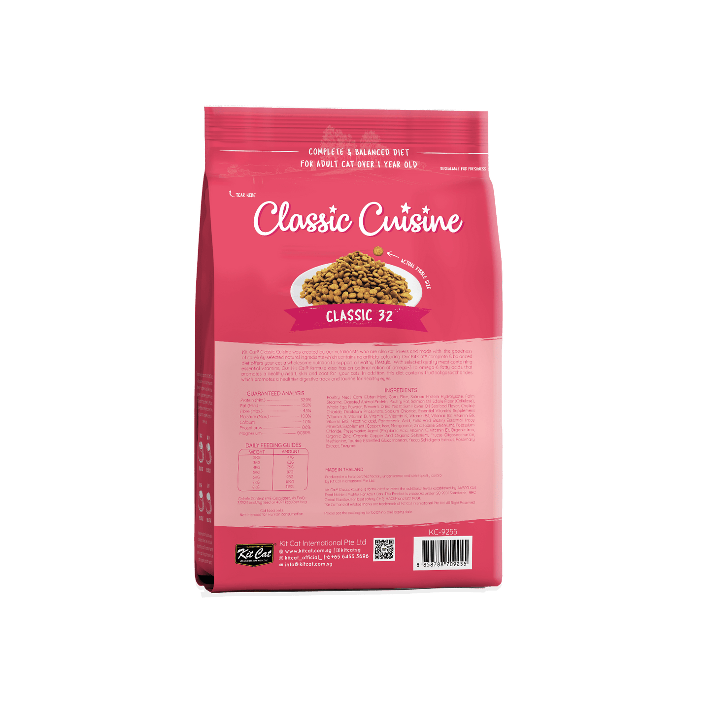 Back of Kit Cat Classic Cuisine Classic 32 dry cat food displaying ingredients, guaranteed analysis and feeding guidelines.