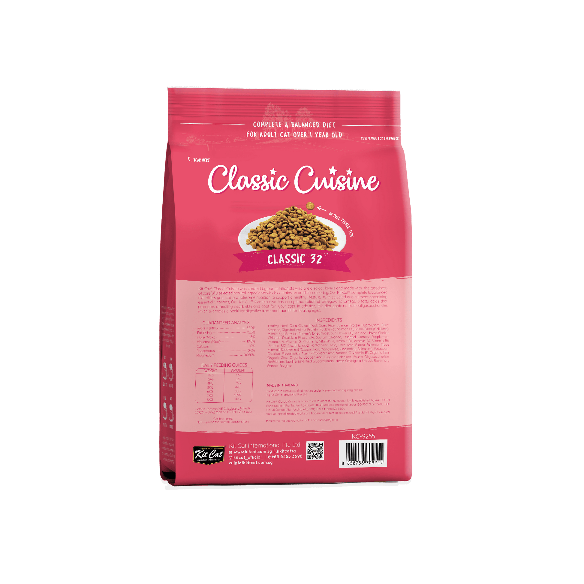 Back of Kit Cat Classic Cuisine Classic 32 dry cat food displaying ingredients, guaranteed analysis and feeding guidelines.