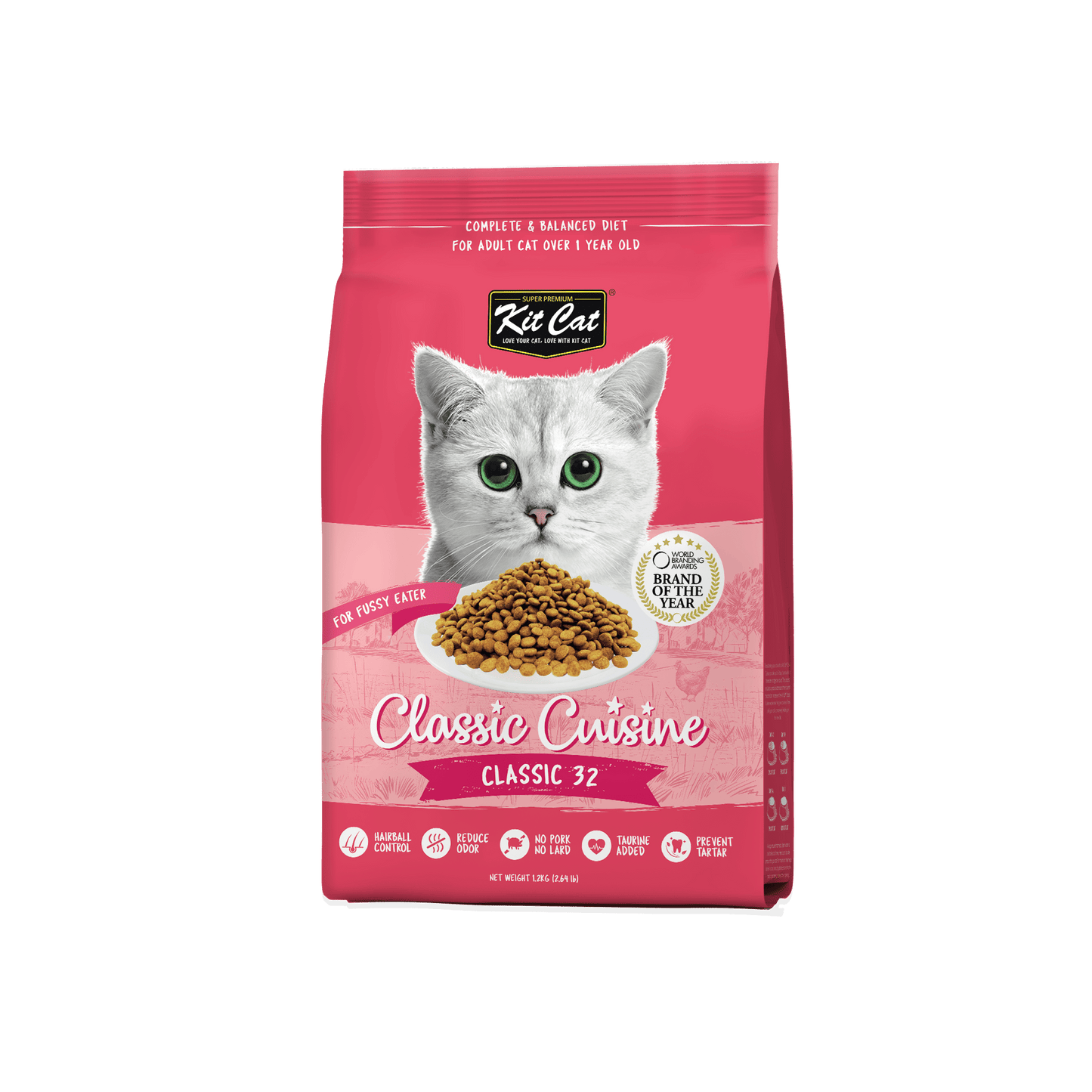 Kit Cat Classic Cuisine Classic 32 adult dry cat food 1.2kg front packaging showing complete and balanced nutrition for adult cats.