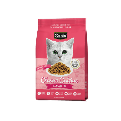 Kit Cat Classic Cuisine Classic 32 adult dry cat food 1.2kg front packaging showing complete and balanced nutrition for adult cats.