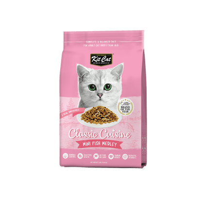 Kit Cat Classic Cuisine Mini Fish Medley adult dry cat food front packaging