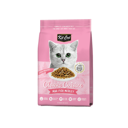 Pink Kit Cat dry cat food bag with cat face, Classic Cuisine mini fish medley front