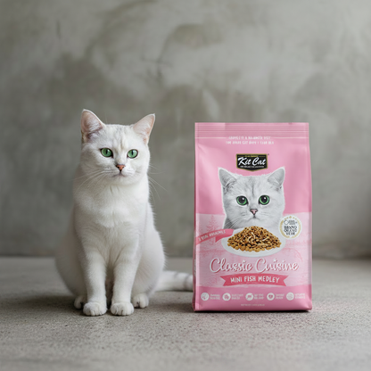 White cat sitting beside a bag of Kit Cat Classic Cuisine Mini Fish Medley adult dry cat food