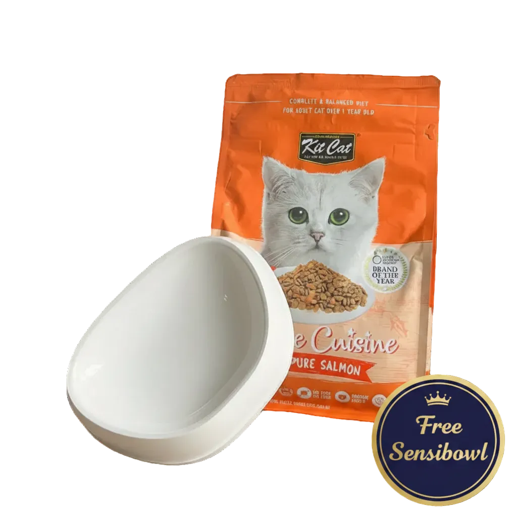 it Cat Classic Cuisine Signature Salmon adult dry cat food 1.2kg with a white Sensibowl. 