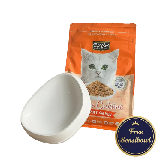 it Cat Classic Cuisine Signature Salmon adult dry cat food 1.2kg with a white Sensibowl. 
