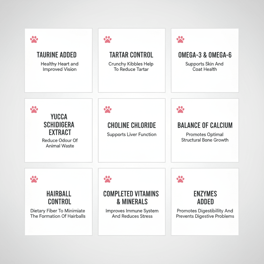 Grid of dry cat food benefit icons: taurine, tartar control, omegas, calcium