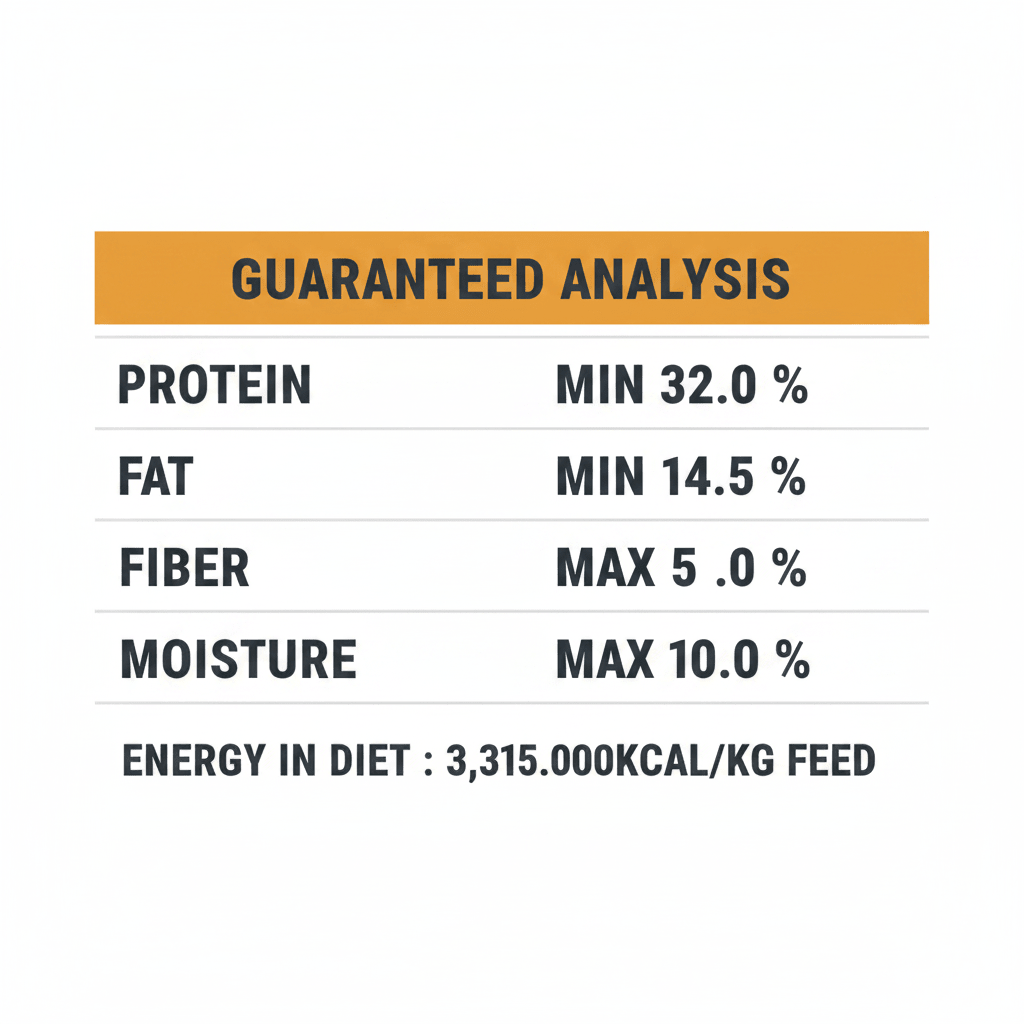 Guaranteed analysis chart for dry cat food with protein, fat, fiber, moisture