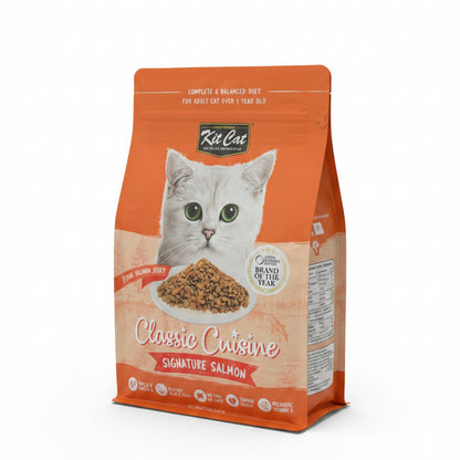 Front packaging of Kit Cat Classic Cuisine Signature Salmon adult dry cat food 1.2kg