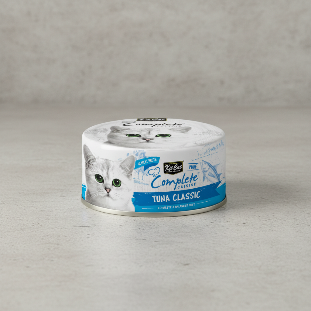 Cat food can with 'Kit Cat Complete Cuisine' Tuna classic branding on a white background