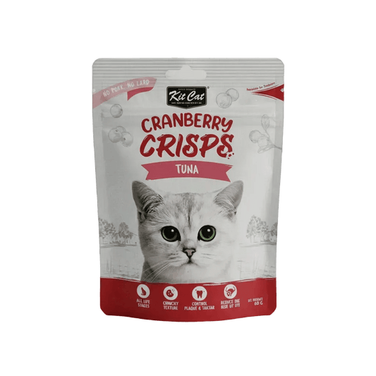 Tuna-flavored cranberry crisps cat treat pouch with white cat portrait and red accents