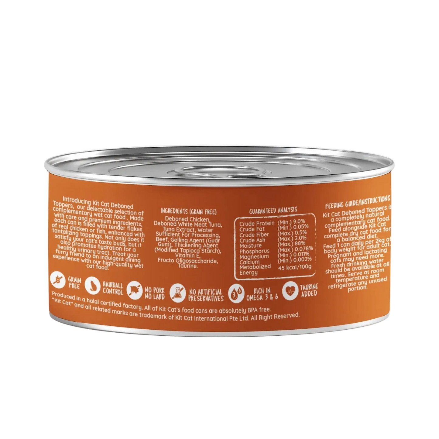 Back of Kit Cat Deboned Toppers Chicken & Beef can showing ingredients, guaranteed analysis and feeding guide