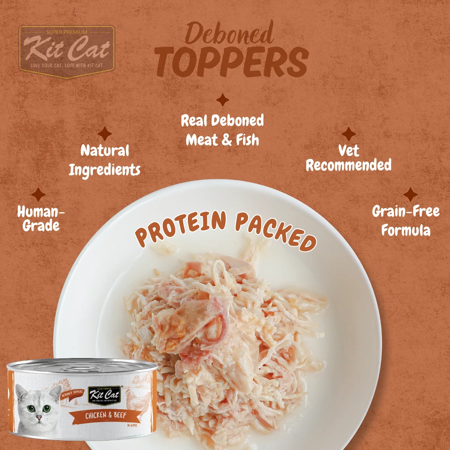 Kit Cat Deboned Toppers Chicken & Beef in Aspic showing shredded meat texture and product features