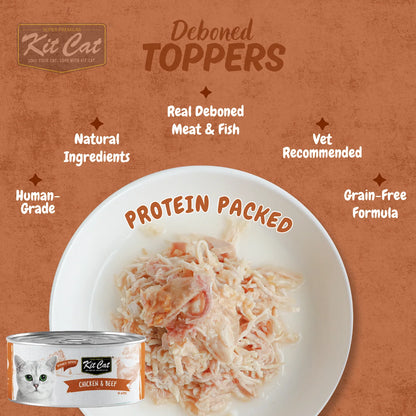 Kit Cat Deboned Toppers Chicken & Beef in Aspic showing shredded meat texture and product features