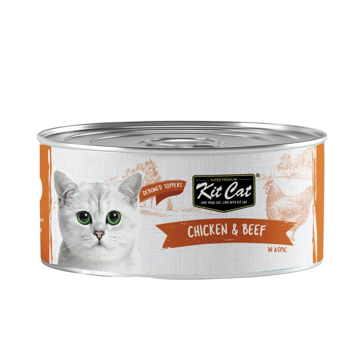 Front view of Kit Cat Deboned Toppers Chicken & Beef in Aspic can