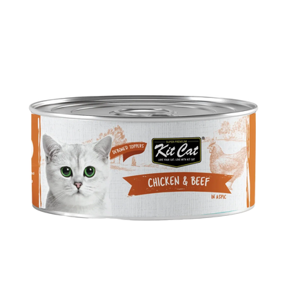 Front view of Kit Cat Deboned Toppers Chicken & Beef in Aspic can