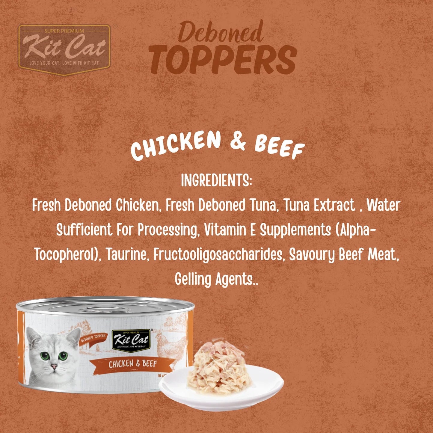 Kit Cat Deboned Toppers Chicken & Beef in Aspic with ingredient list and serving presentation