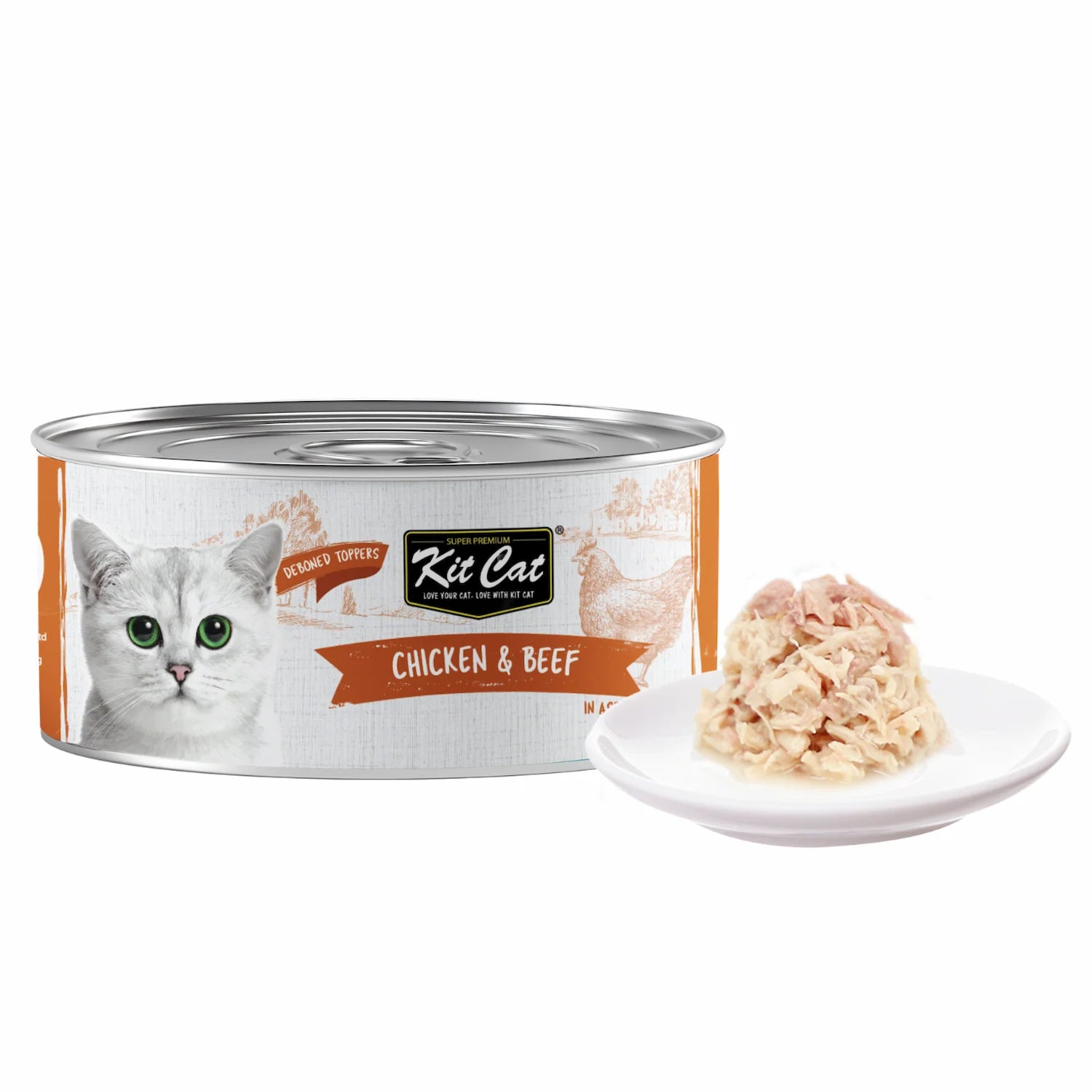 Kit Cat Deboned Toppers Chicken & Beef can with shredded wet cat food served on a white pla