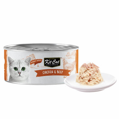 Kit Cat Deboned Toppers Chicken & Beef can with shredded wet cat food served on a white pla