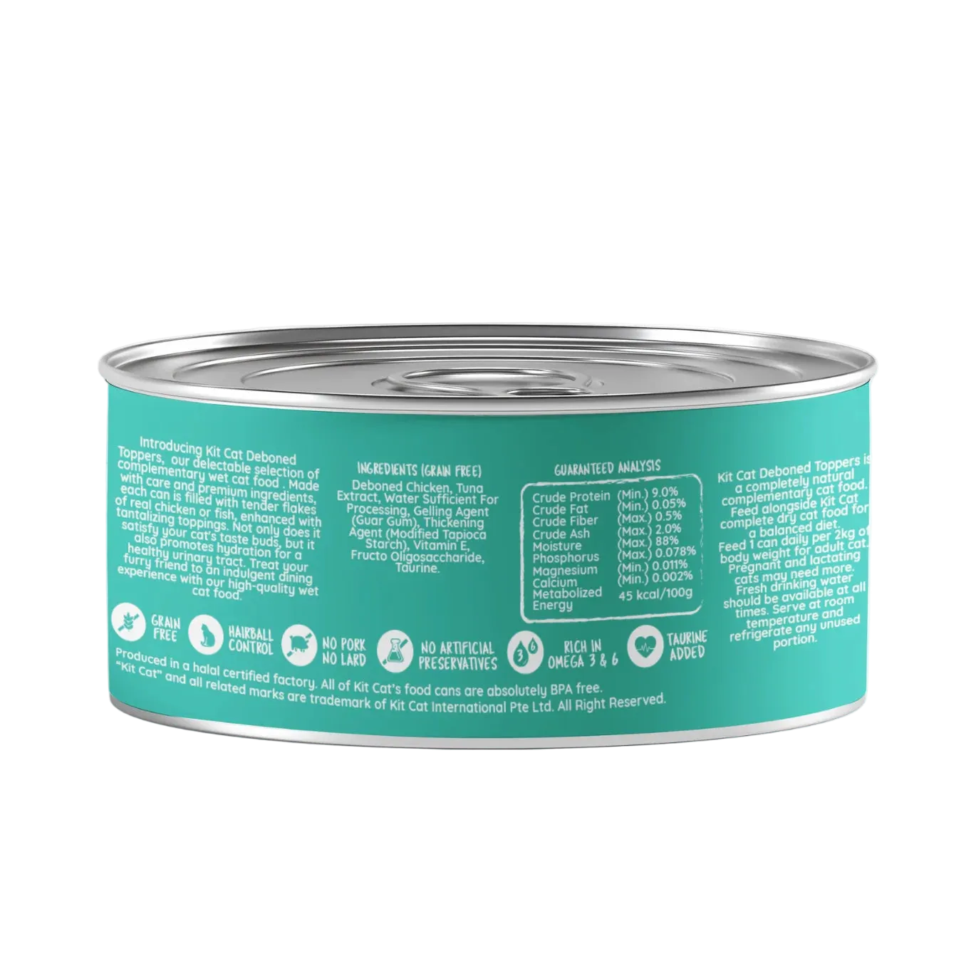 Back of Kit Cat Deboned Toppers Chicken Classic can showing ingredients, guaranteed analysis and feeding guide