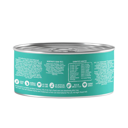Back of Kit Cat Deboned Toppers Chicken Classic can showing ingredients, guaranteed analysis and feeding guide