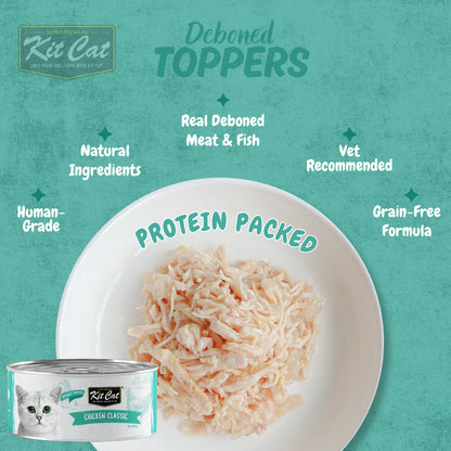 Kit Cat Deboned Toppers Chicken Classic showing shredded meat texture and product benefit callouts