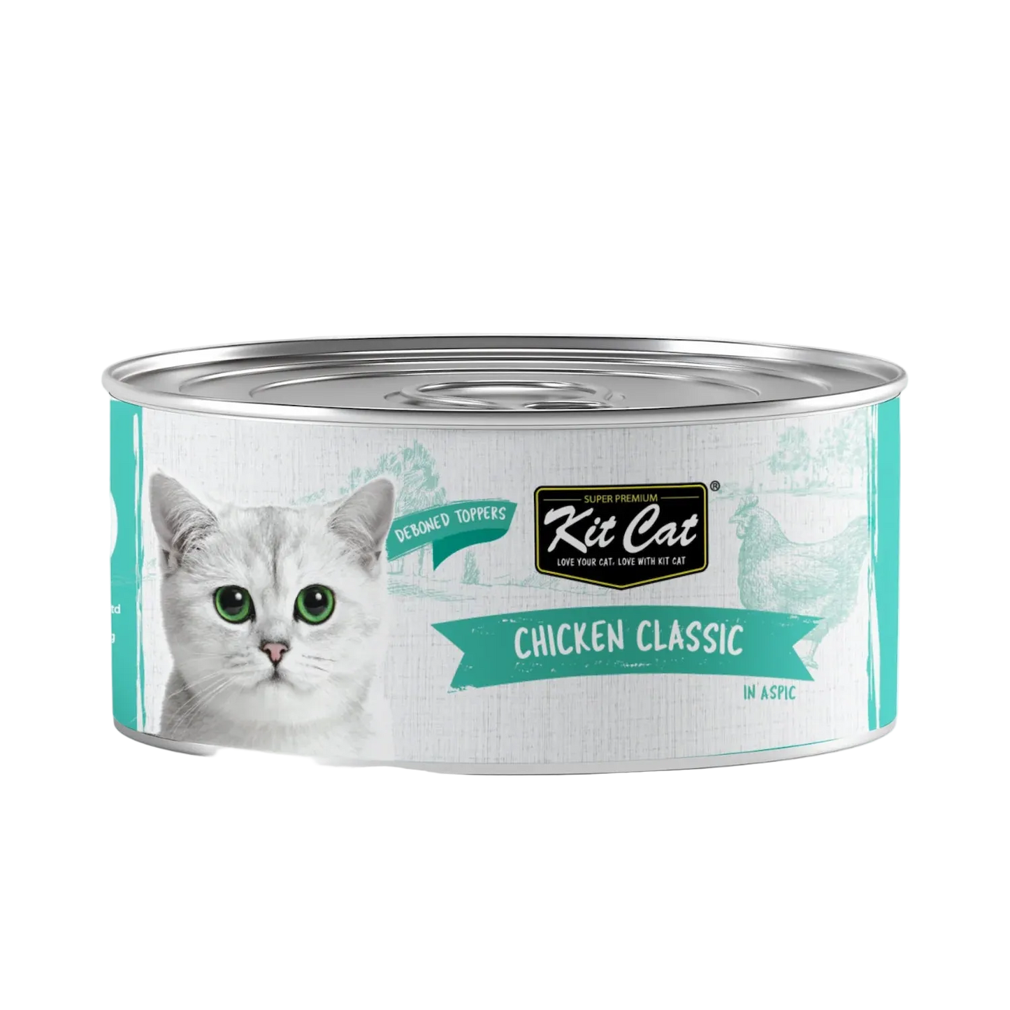 Front view of Kit Cat Deboned Toppers Chicken Classic in Aspic can