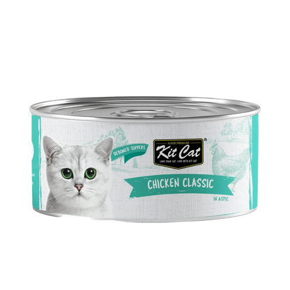 Front view of Kit Cat Deboned Toppers Chicken Classic in Aspic can