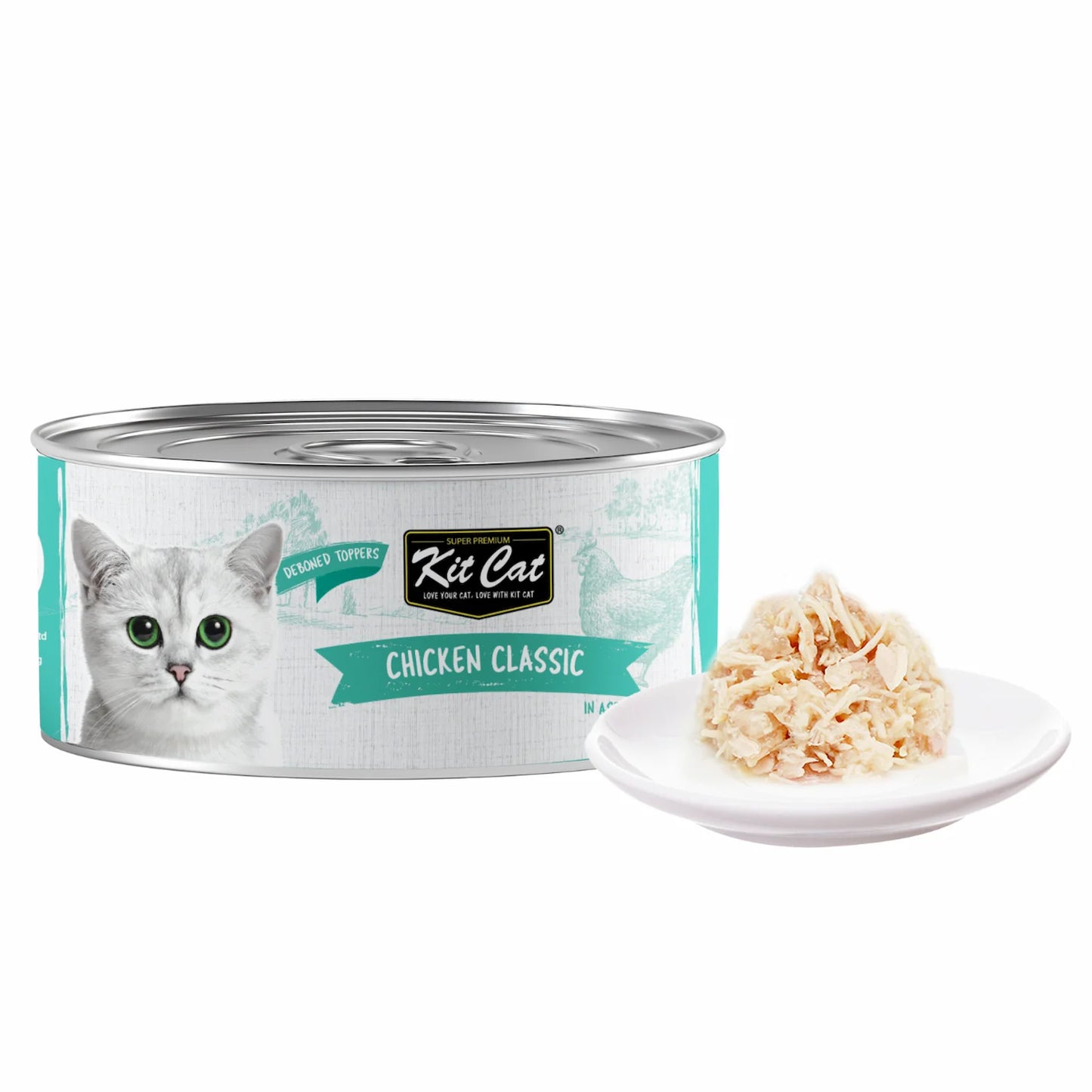 Kit Cat Deboned Toppers Chicken Classic can with shredded wet cat food served on a white plate