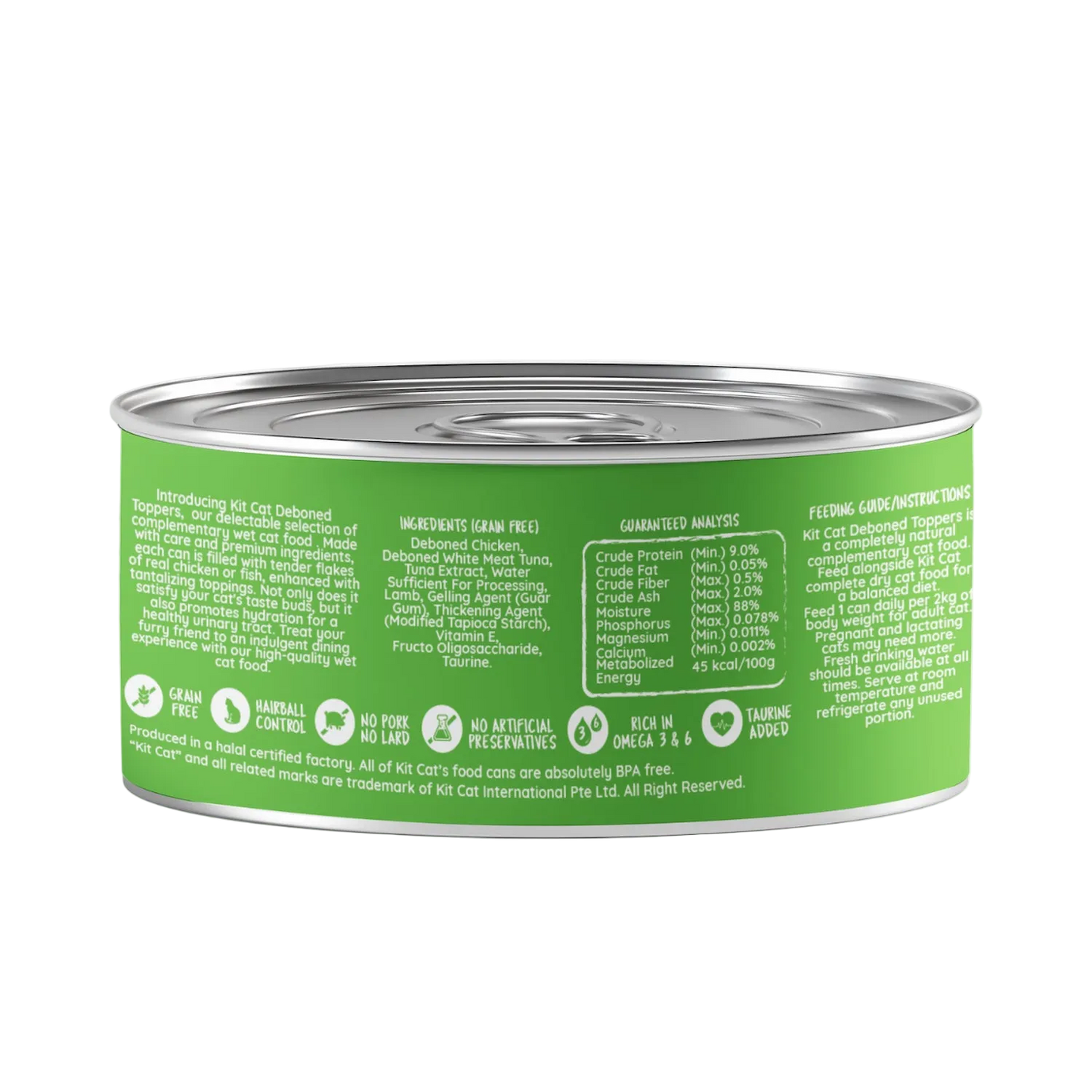 Back of Kit Cat Deboned Toppers Chicken & Lamb can showing ingredients, guaranteed analysis and feeding instructions