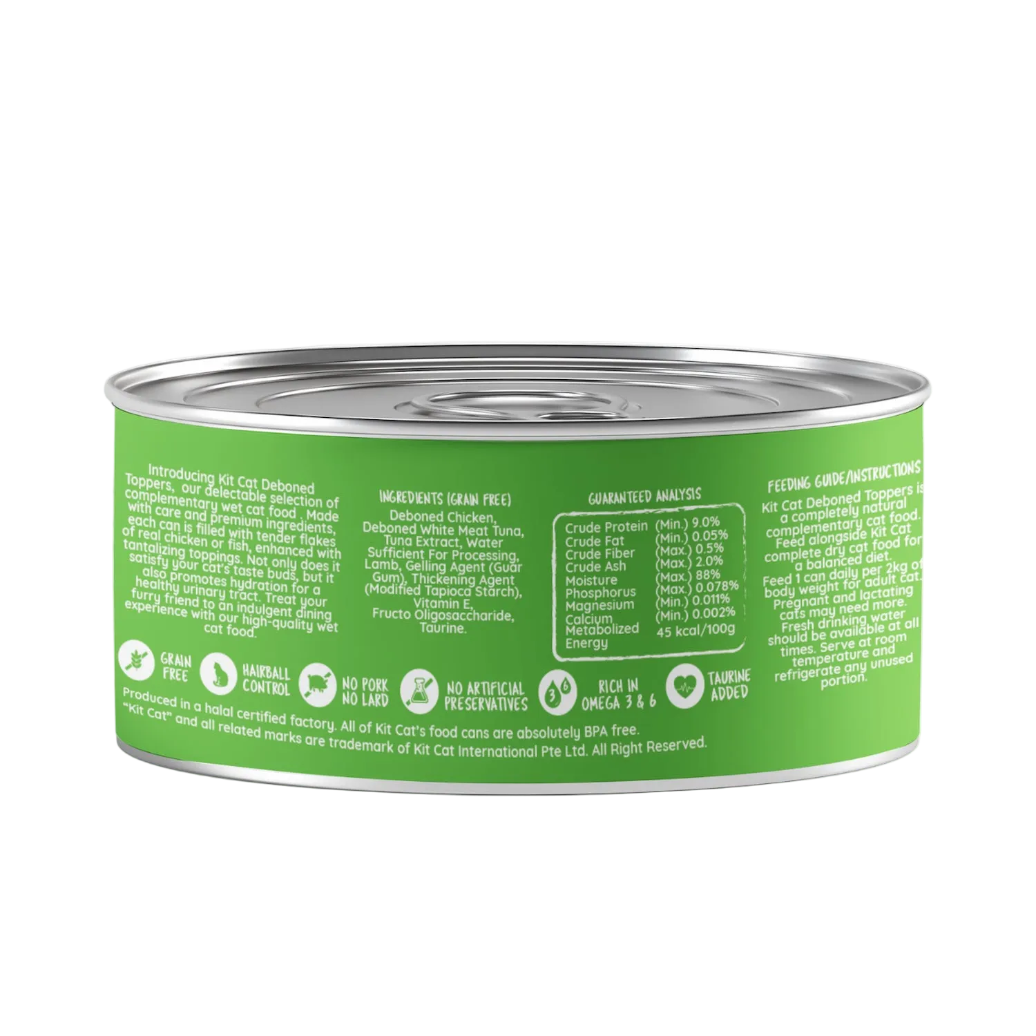 Back of Kit Cat Deboned Toppers Chicken & Lamb can showing ingredients, guaranteed analysis and feeding instructions