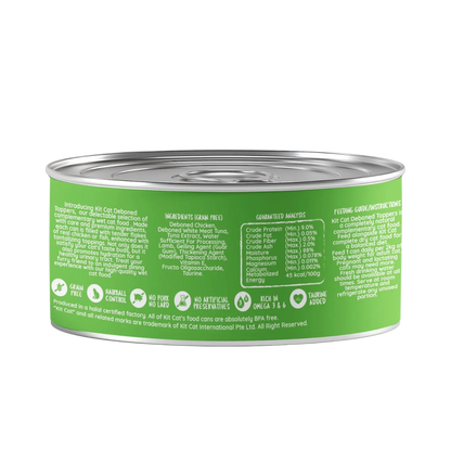 Back of Kit Cat Deboned Toppers Chicken & Lamb can showing ingredients, guaranteed analysis and feeding instructions