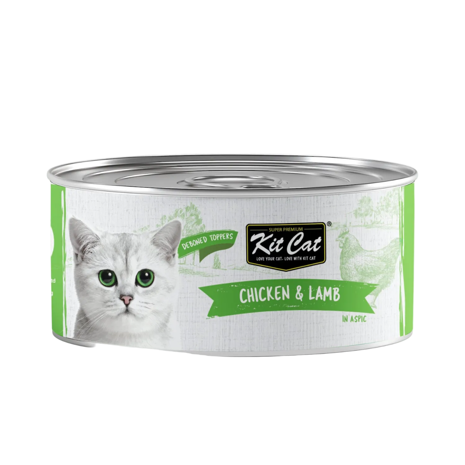 Front view of Kit Cat Deboned Toppers Chicken & Lamb in Aspic can