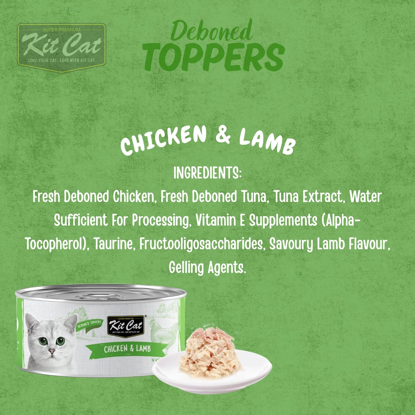 Kit Cat Deboned Toppers Chicken & Lamb in Aspic with ingredient list and serving presentation