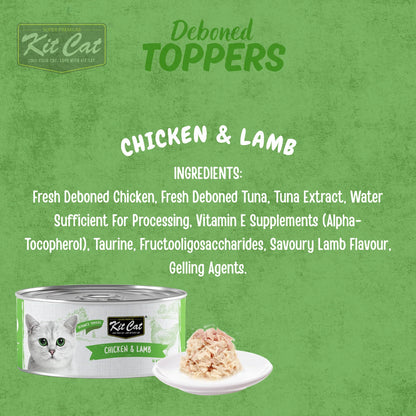Kit Cat Deboned Toppers Chicken & Lamb in Aspic with ingredient list and serving presentation