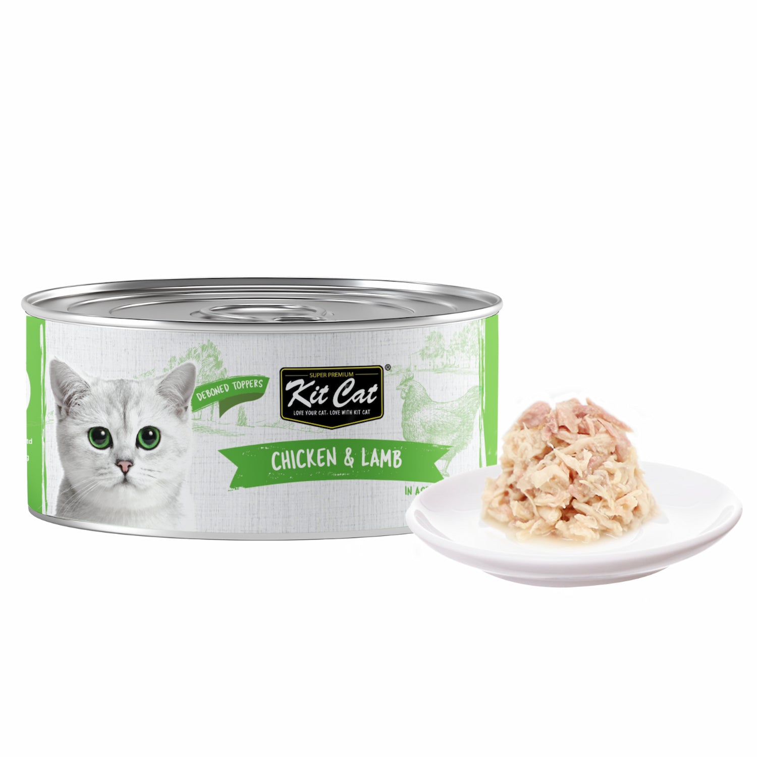 Kit Cat Deboned Toppers Chicken & Lamb can with shredded wet cat food served on a white plate