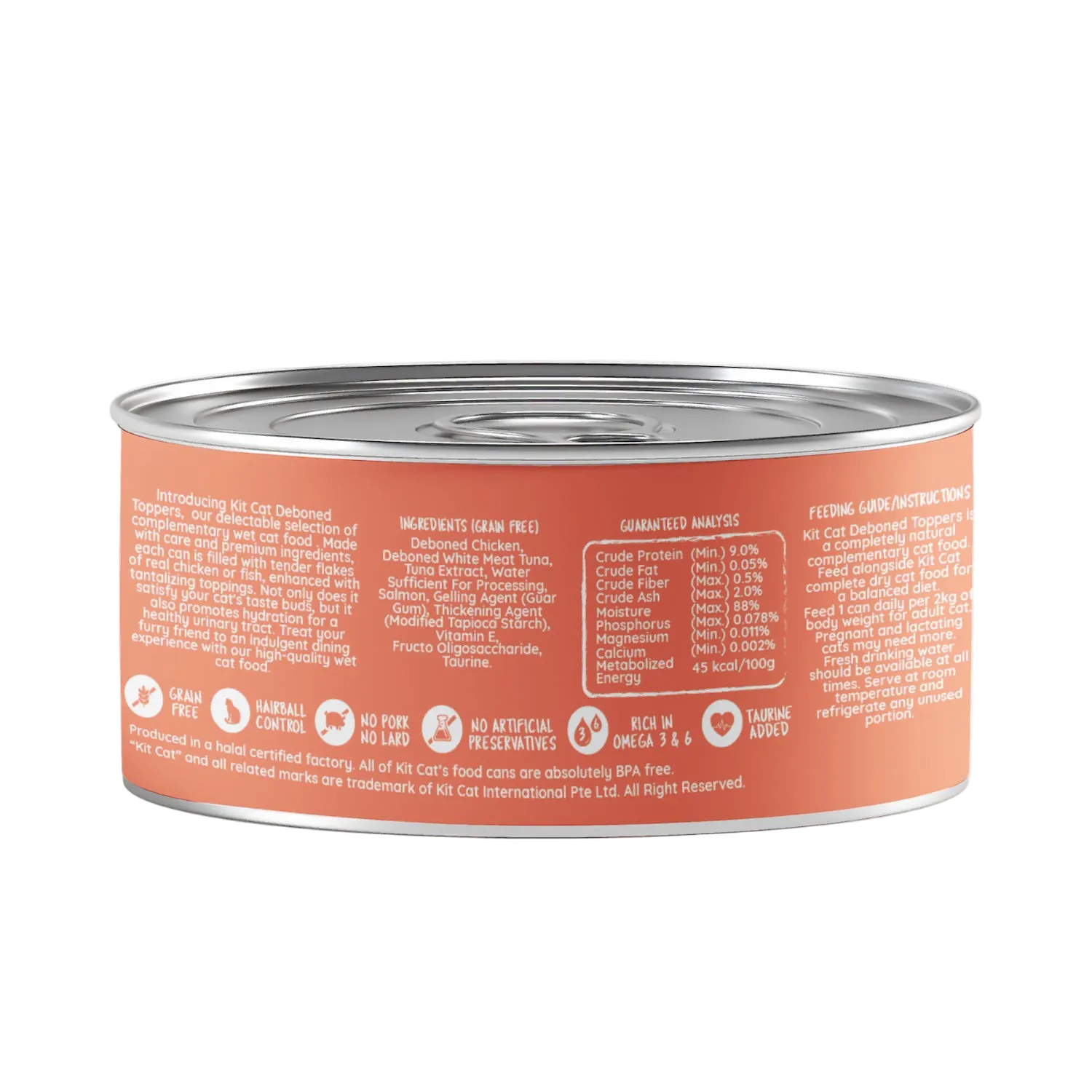 Back of Kit Cat Deboned Toppers Chicken & Salmon can showing ingredients, guaranteed analysis and feeding guide