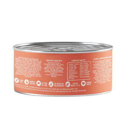 Back of Kit Cat Deboned Toppers Chicken & Salmon can showing ingredients, guaranteed analysis and feeding guide