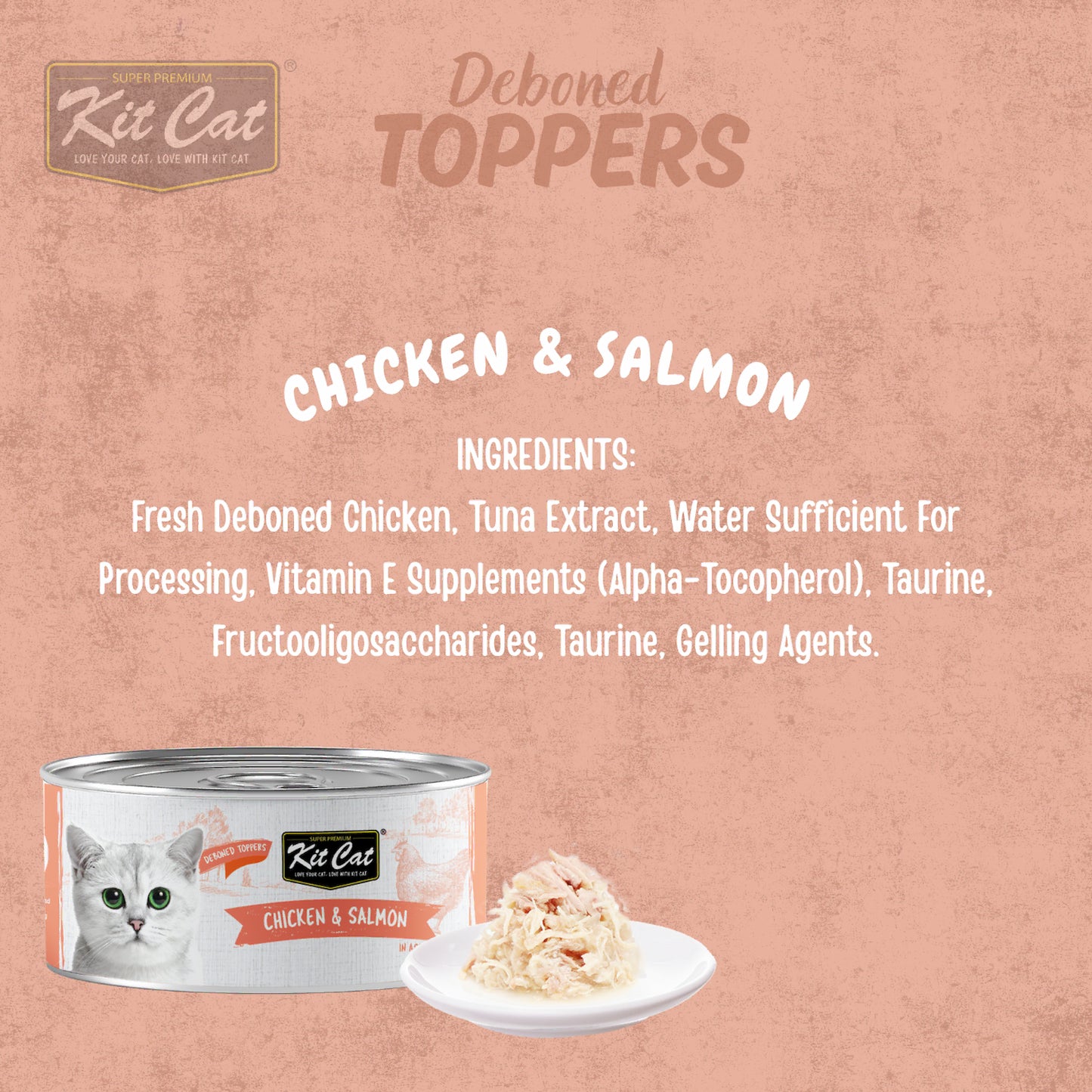 Kit Cat Deboned Toppers Chicken & Salmon ingredient graphic with can and serving presentation