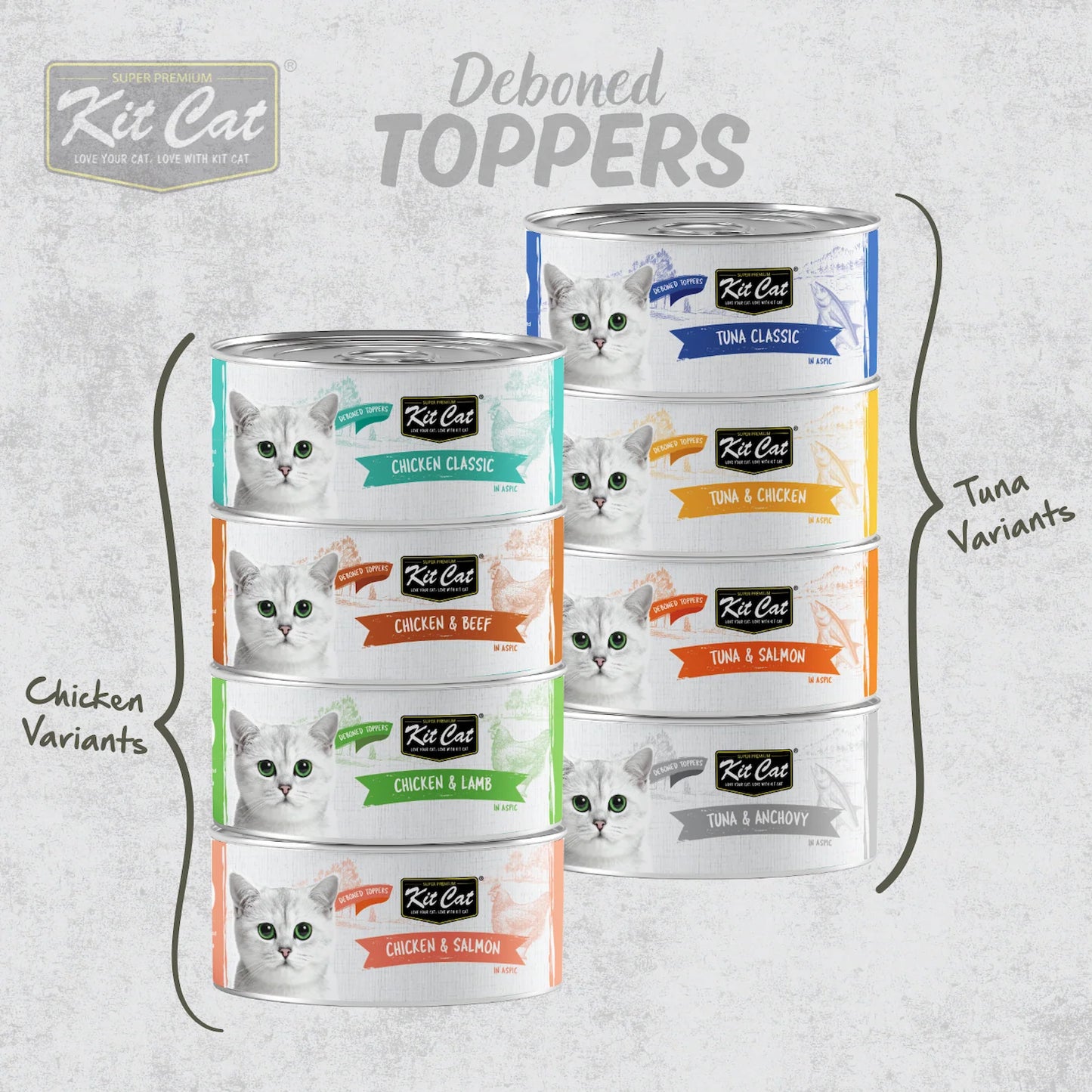 Kit Cat Deboned Toppers range showing chicken and tuna flavour variants