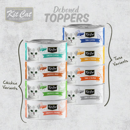 Kit Cat Deboned Toppers range showing chicken and tuna flavour variants