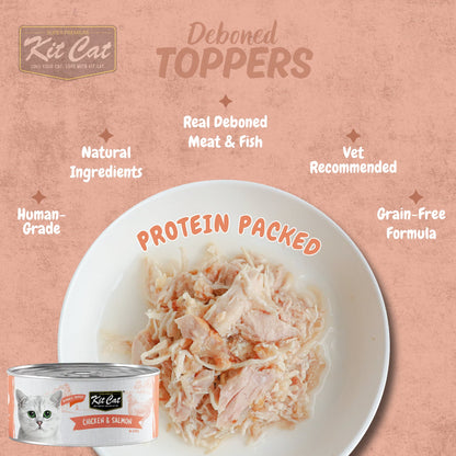 Kit Cat Deboned Toppers Chicken & Salmon showing shredded meat texture and product benefit callouts