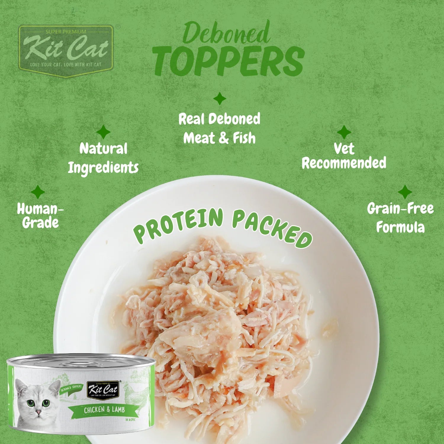Kit Cat Deboned Toppers Chicken & Lamb in Aspic showing shredded meat texture and product benefits