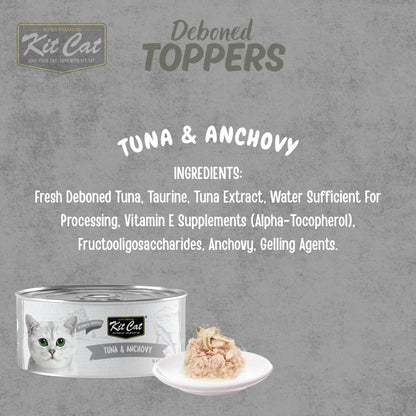 Kit Cat Deboned Toppers Tuna & Anchovy ingredient graphic with can and serving presentation