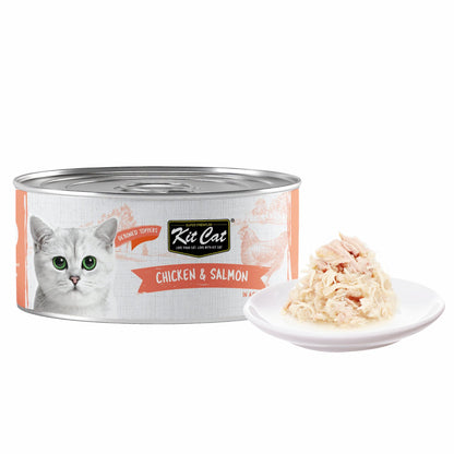 Kit Cat Deboned Toppers Chicken & Salmon can with shredded wet cat food served on a white plate
