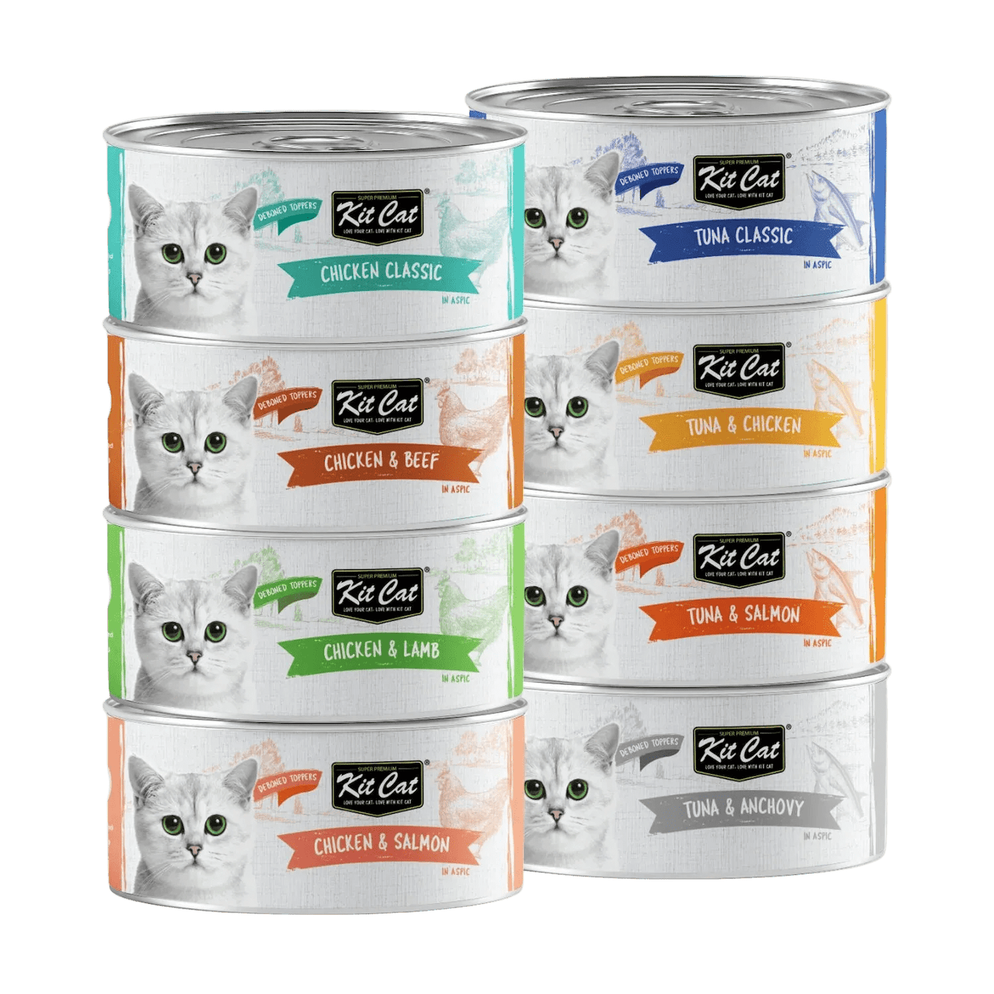 Assorted Kit Cat Deboned Toppers canned cat food flavours stacked.