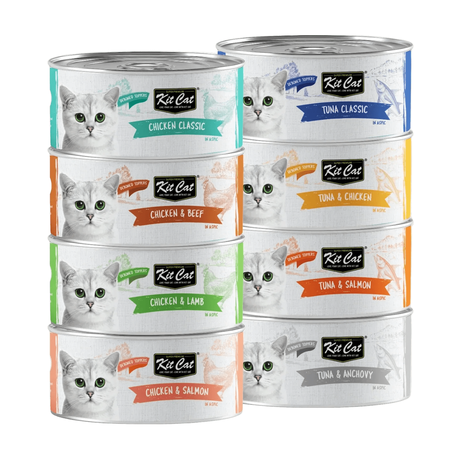 Assorted Kit Cat Deboned Toppers canned cat food flavours stacked.