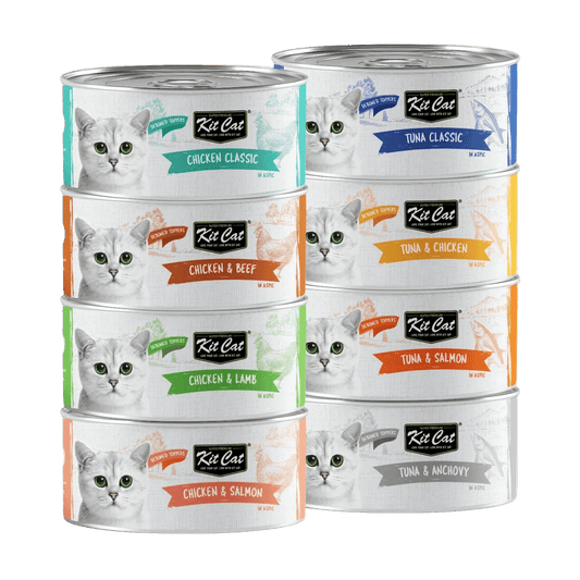 Assorted Kit Cat Deboned Toppers canned cat food flavours stacked.