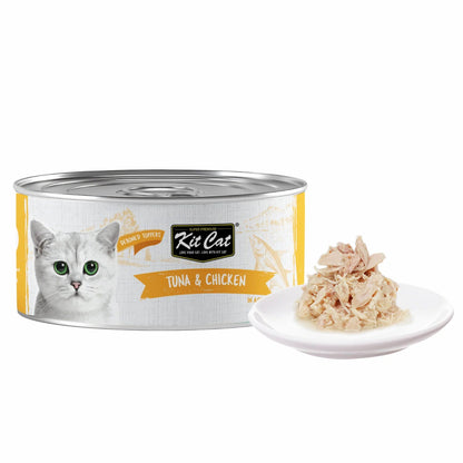 Kit Cat Deboned Toppers Tuna & Chicken can with shredded wet cat food served on a white plate