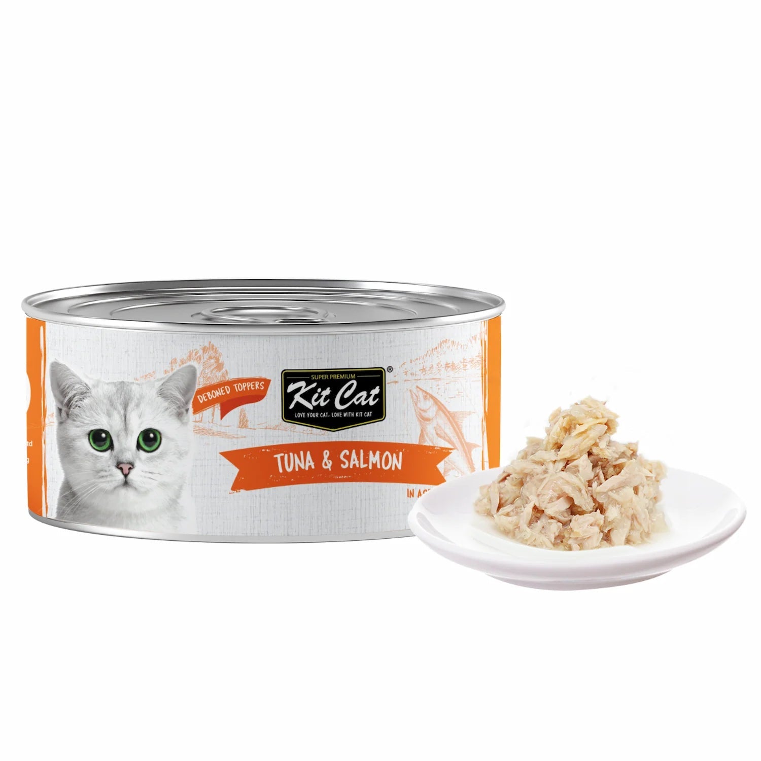 Kit Cat Deboned Toppers Tuna & Salmon can with shredded wet cat food served on a white plate